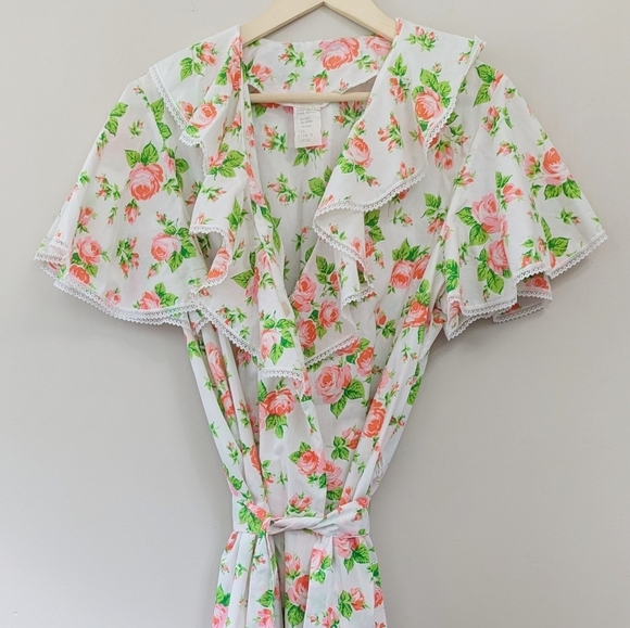 Vintage 70s Prairie Rose Floral Ruffle Long Robe Cottagecore - Picture 12 of 13
